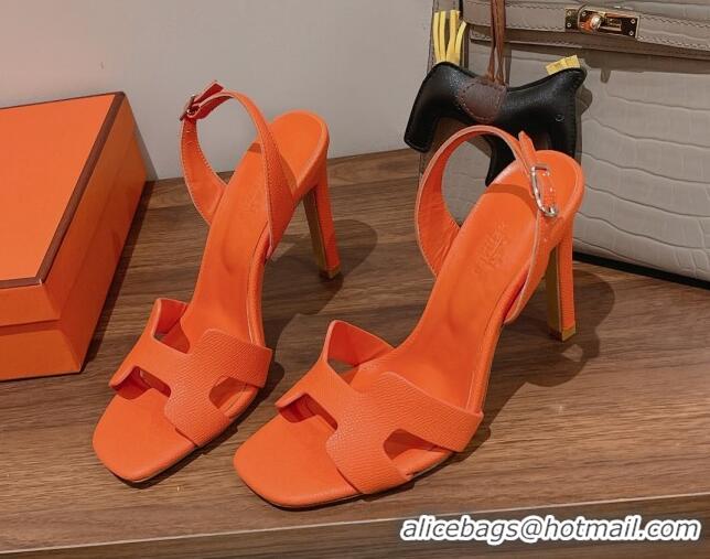 Charming Hermes Ella High Heel Sandals 10cm in Grained Leather Orange/Silver 071923