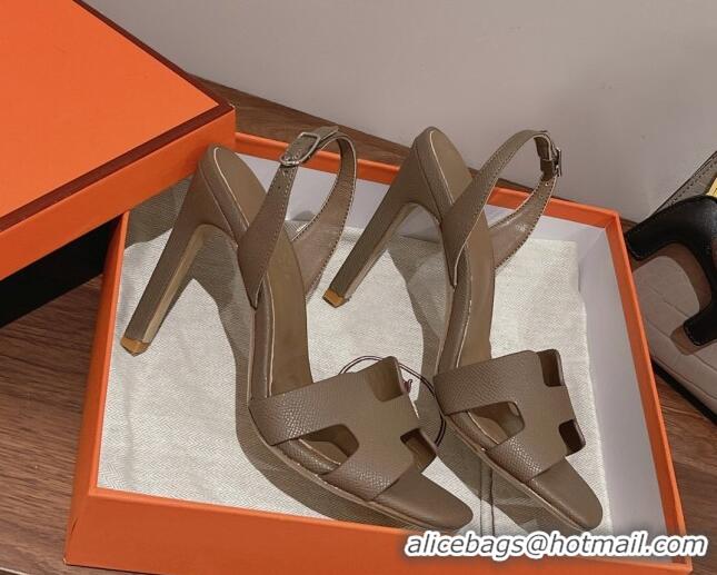 Luxury Hermes Ella High Heel Sandals 10cm in Grained Leather Grey/Silver 071924