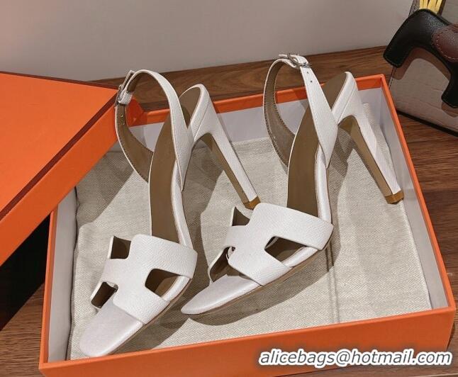 Duplicate Hermes Ella High Heel Sandals 10cm in Grained Leather White/Grey 071925