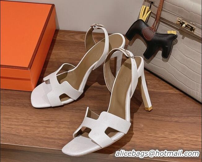 Duplicate Hermes Ella High Heel Sandals 10cm in Grained Leather White/Grey 071925