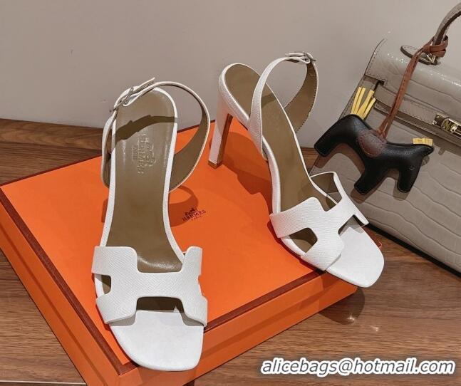 Duplicate Hermes Ella High Heel Sandals 10cm in Grained Leather White/Grey 071925