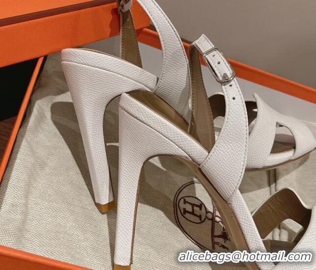 Duplicate Hermes Ella High Heel Sandals 10cm in Grained Leather White/Grey 071925