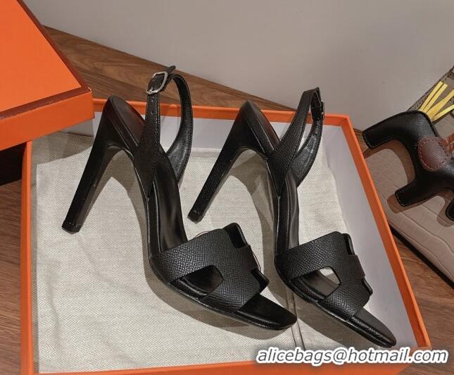 Perfect Hermes Ella High Heel Sandals 10cm in Grained Leather Black/Silver Buckle 071926