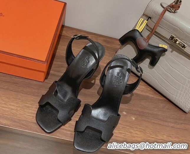 Perfect Hermes Ella High Heel Sandals 10cm in Grained Leather Black/Silver Buckle 071926