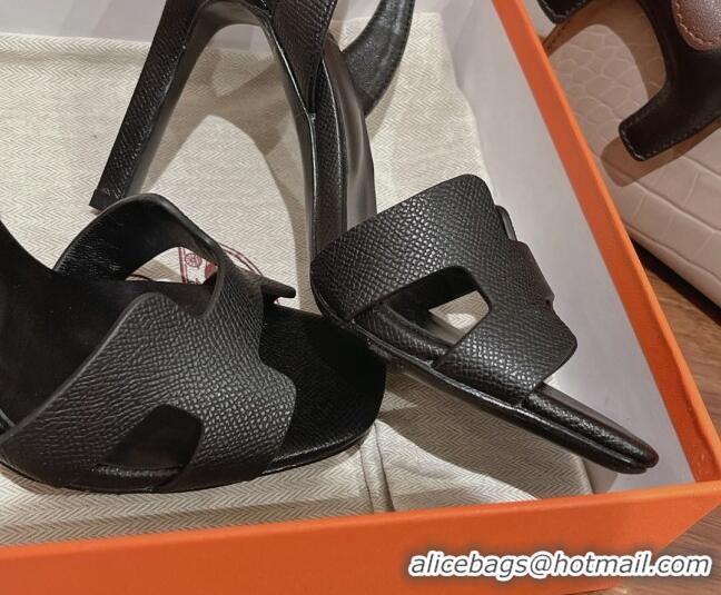 Perfect Hermes Ella High Heel Sandals 10cm in Grained Leather Black/Silver Buckle 071926