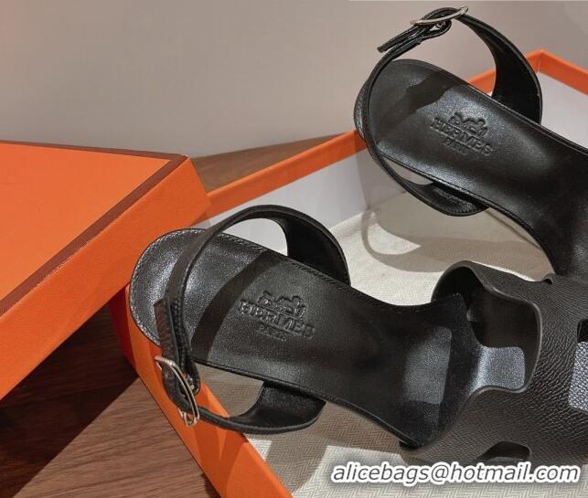 Perfect Hermes Ella High Heel Sandals 10cm in Grained Leather Black/Silver Buckle 071926