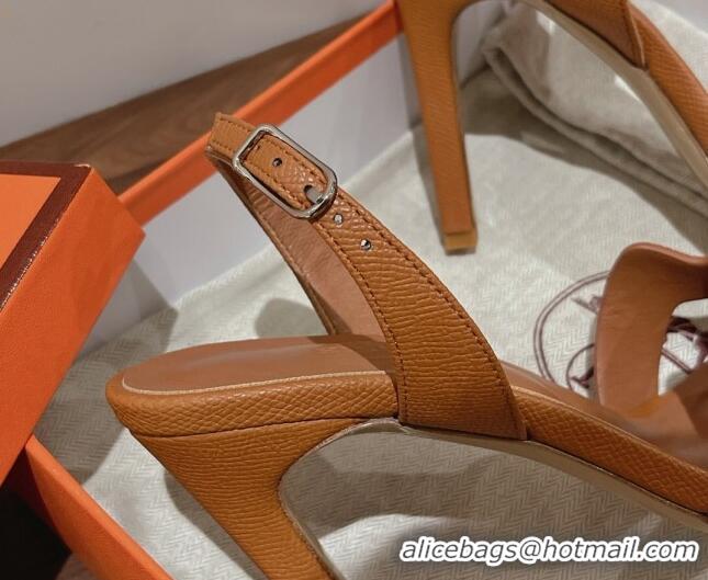 Stylish Hermes Ella High Heel Sandals 10cm in Grained Leather Brown/Silver Buckle 071927