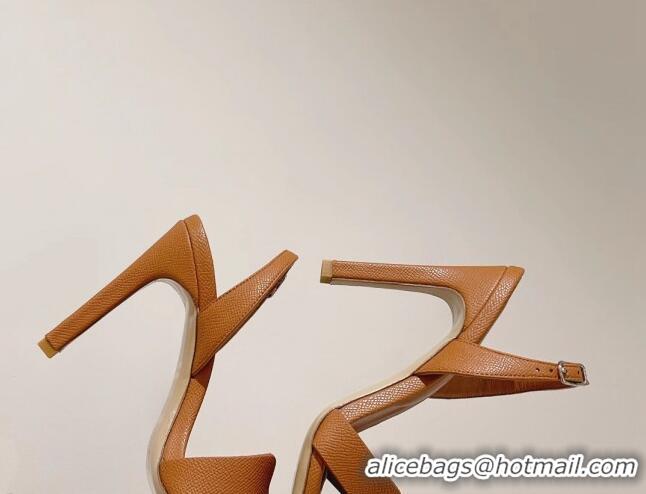 Stylish Hermes Ella High Heel Sandals 10cm in Grained Leather Brown/Silver Buckle 071927