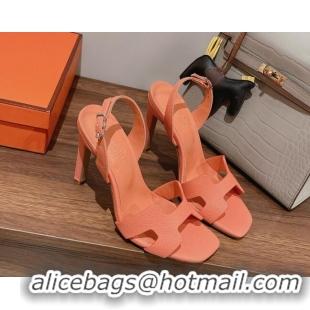 Unique Discount Hermes Ella Heel Sandals 7/10cm in Grained Leather Peachy Pink/Silver Buckle 071928