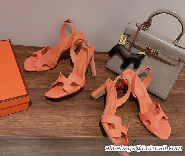 Unique Discount Hermes Ella Heel Sandals 7/10cm in Grained Leather Peachy Pink/Silver Buckle 071928