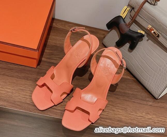 Unique Discount Hermes Ella Heel Sandals 7/10cm in Grained Leather Peachy Pink/Silver Buckle 071928