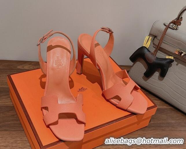 Unique Discount Hermes Ella Heel Sandals 7/10cm in Grained Leather Peachy Pink/Silver Buckle 071928