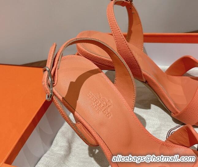 Unique Discount Hermes Ella Heel Sandals 7/10cm in Grained Leather Peachy Pink/Silver Buckle 071928