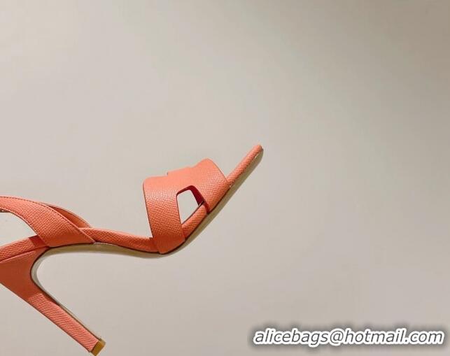 Unique Discount Hermes Ella Heel Sandals 7/10cm in Grained Leather Peachy Pink/Silver Buckle 071928