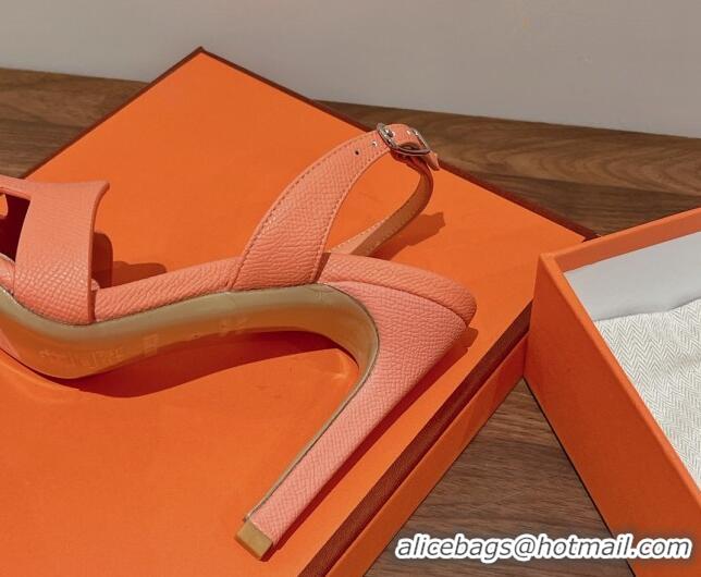 Unique Discount Hermes Ella Heel Sandals 7/10cm in Grained Leather Peachy Pink/Silver Buckle 071928