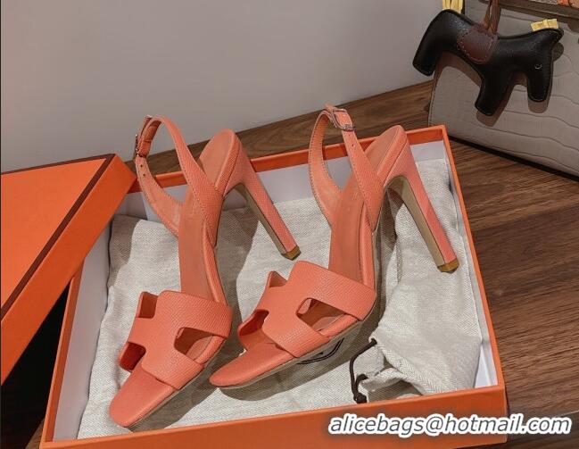 Unique Discount Hermes Ella Heel Sandals 7/10cm in Grained Leather Peachy Pink/Silver Buckle 071928