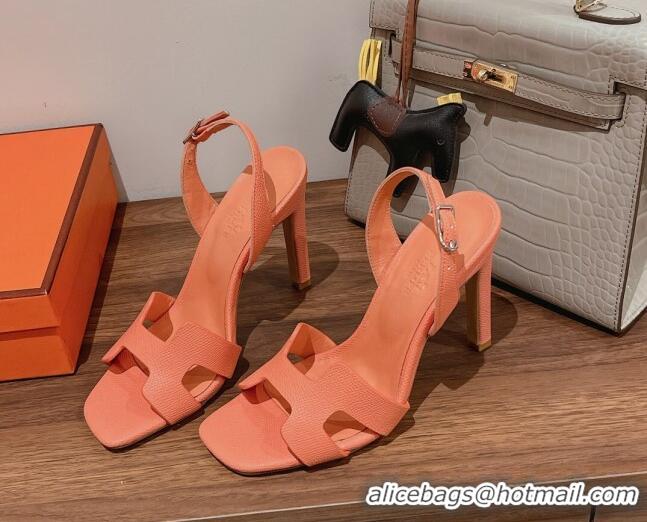 Unique Discount Hermes Ella Heel Sandals 7/10cm in Grained Leather Peachy Pink/Silver Buckle 071928