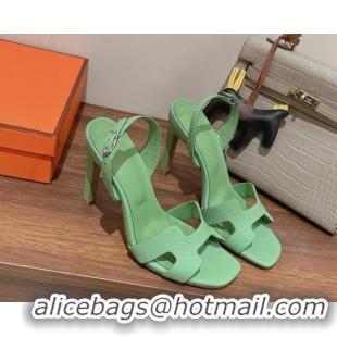 Best Grade Hermes Ella High Heel Sandals 10cm in Grained Leather Green/Silver Buckle 071929