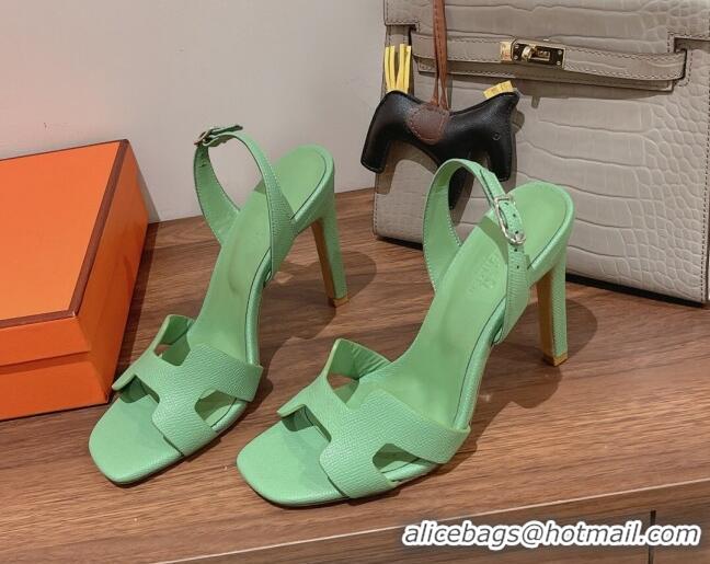 Best Grade Hermes Ella High Heel Sandals 10cm in Grained Leather Green/Silver Buckle 071929