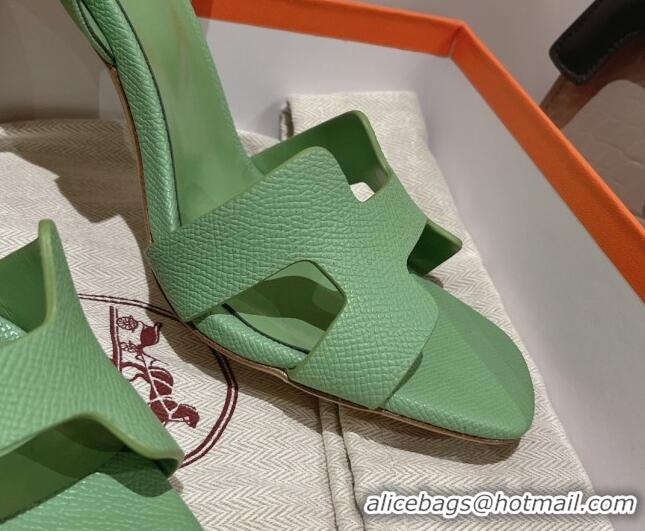 Best Grade Hermes Ella High Heel Sandals 10cm in Grained Leather Green/Silver Buckle 071929