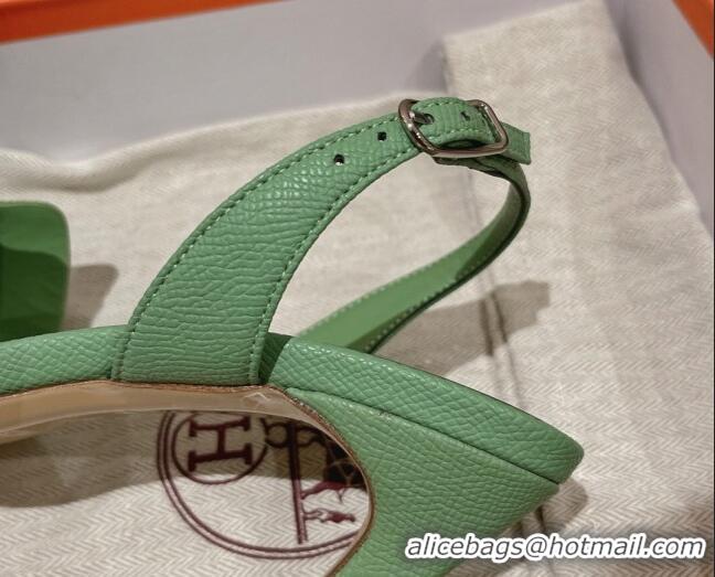 Best Grade Hermes Ella High Heel Sandals 10cm in Grained Leather Green/Silver Buckle 071929