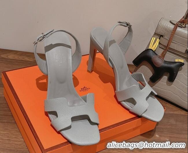 Best Product Hermes Ella High Heel Sandals 10cm in Grained Leather Light Grey/Silver Buckle 071930