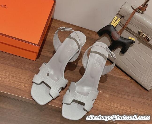 Best Product Hermes Ella High Heel Sandals 10cm in Grained Leather Light Grey/Silver Buckle 071930