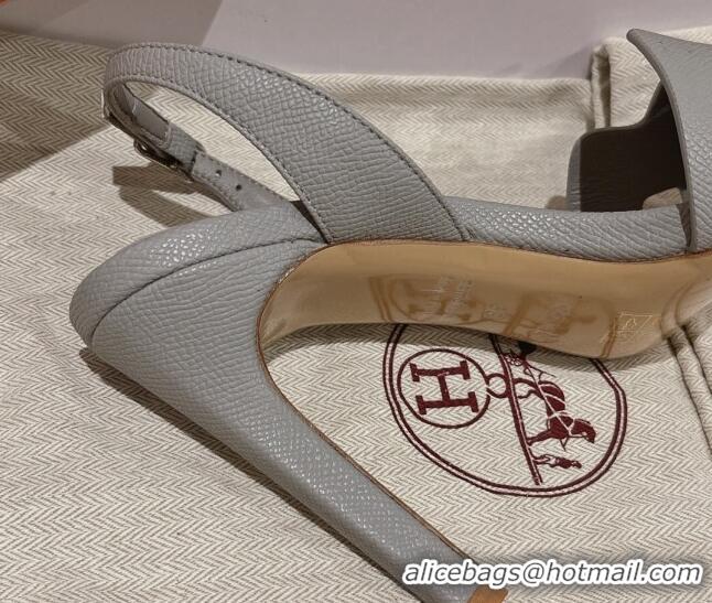 Best Product Hermes Ella High Heel Sandals 10cm in Grained Leather Light Grey/Silver Buckle 071930