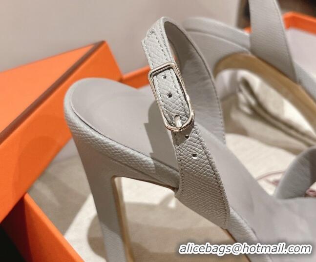 Best Product Hermes Ella High Heel Sandals 10cm in Grained Leather Light Grey/Silver Buckle 071930