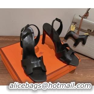 Shop Duplicate Hermes Ella High Heel Sandals 10cm in Smooth Leather Black/Silver 071931