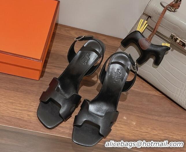 Shop Duplicate Hermes Ella High Heel Sandals 10cm in Smooth Leather Black/Silver 071931