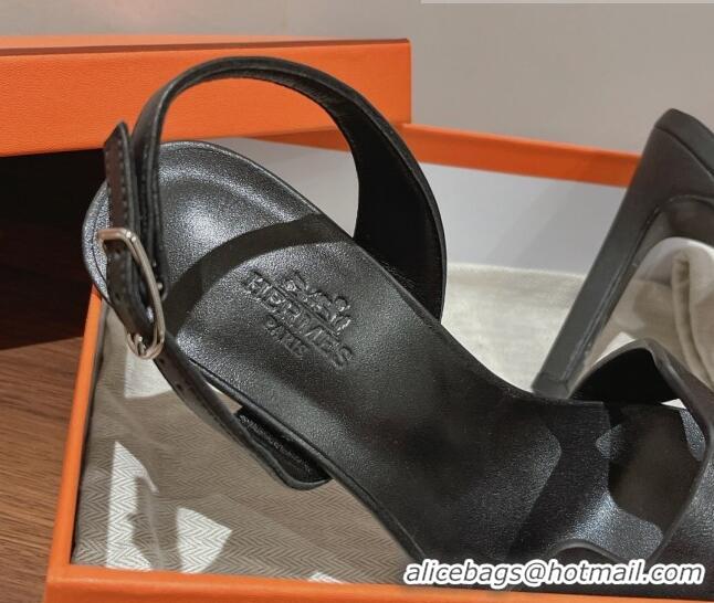 Shop Duplicate Hermes Ella High Heel Sandals 10cm in Smooth Leather Black/Silver 071931