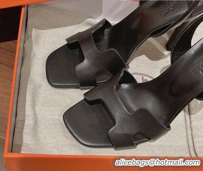 Shop Duplicate Hermes Ella High Heel Sandals 10cm in Smooth Leather Black/Silver 071931