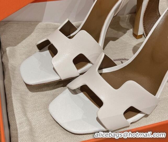 Grade Quality Hermes Ella High Heel Sandals 10cm in Smooth Leather White/Grey 071932