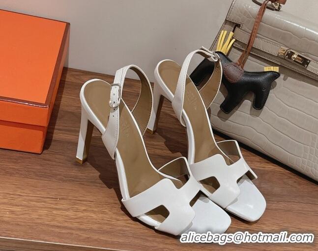 Grade Quality Hermes Ella High Heel Sandals 10cm in Smooth Leather White/Grey 071932