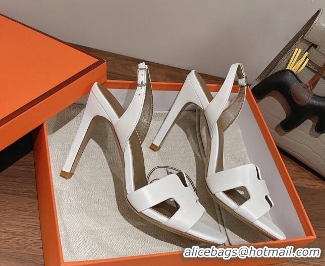 Grade Quality Hermes Ella High Heel Sandals 10cm in Smooth Leather White/Grey 071932