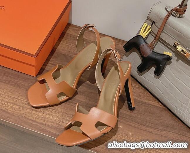 Low Price Hermes Ella High Heel Sandals 10cm in Smooth Leather Brown/Grey 071933