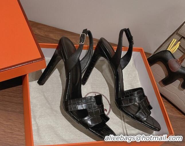 Grade Quality Hermes Ella High Heel Sandals 10cm in Embossed Leather Black/Silver Buckle 071934