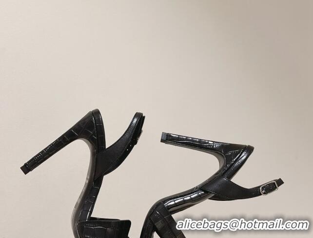 Grade Quality Hermes Ella High Heel Sandals 10cm in Embossed Leather Black/Silver Buckle 071934