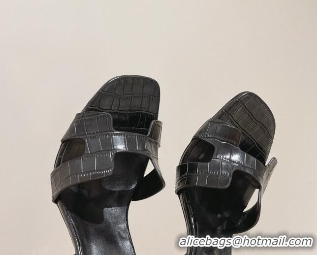 Grade Quality Hermes Ella High Heel Sandals 10cm in Embossed Leather Black/Silver Buckle 071934