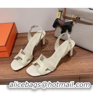 Popular Style Hermes Ella Medium Heel Sandals 7cm in Smooth Leather White/Silver Buckle 071935