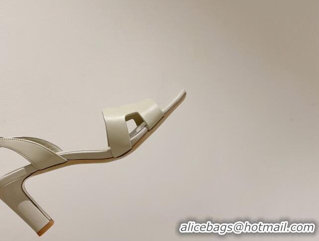 Popular Style Hermes Ella Medium Heel Sandals 7cm in Smooth Leather White/Silver Buckle 071935