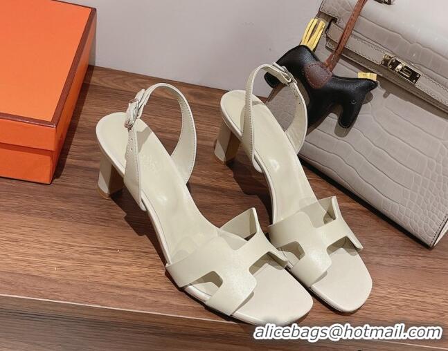 Popular Style Hermes Ella Medium Heel Sandals 7cm in Smooth Leather White/Silver Buckle 071935