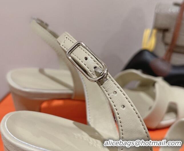 Popular Style Hermes Ella Medium Heel Sandals 7cm in Smooth Leather White/Silver Buckle 071935