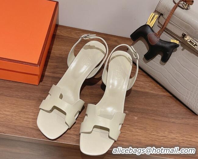 Popular Style Hermes Ella Medium Heel Sandals 7cm in Smooth Leather White/Silver Buckle 071935