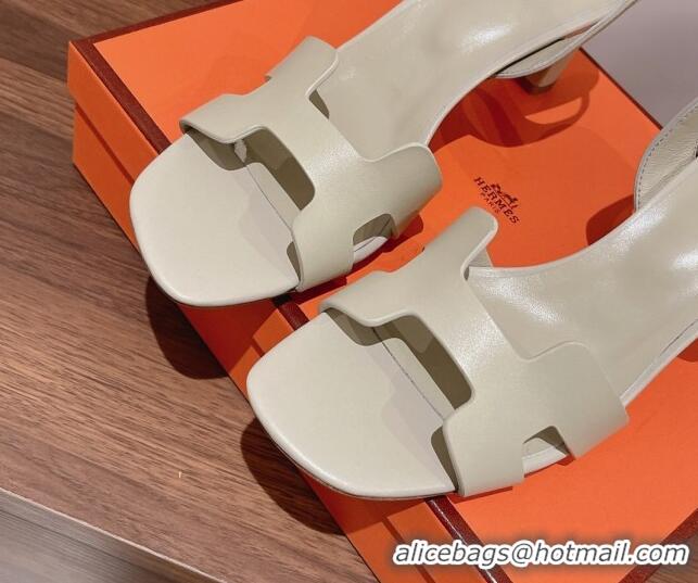 Popular Style Hermes Ella Medium Heel Sandals 7cm in Smooth Leather White/Silver Buckle 071935