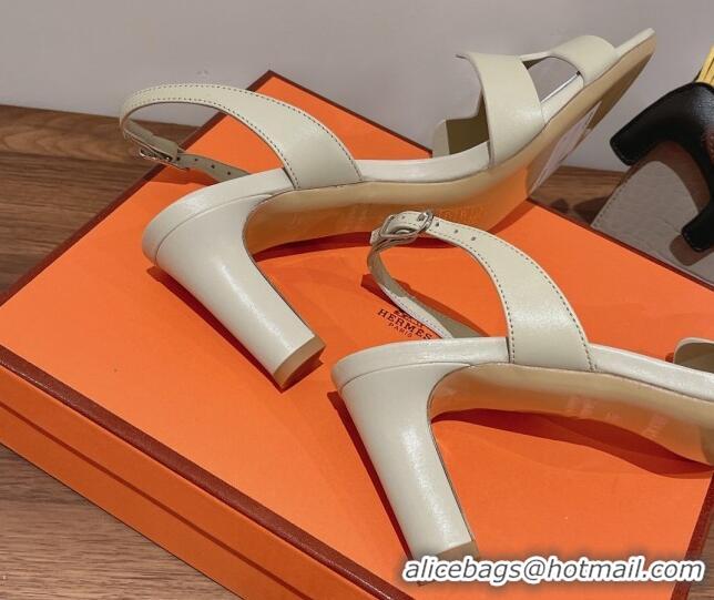 Popular Style Hermes Ella Medium Heel Sandals 7cm in Smooth Leather White/Silver Buckle 071935