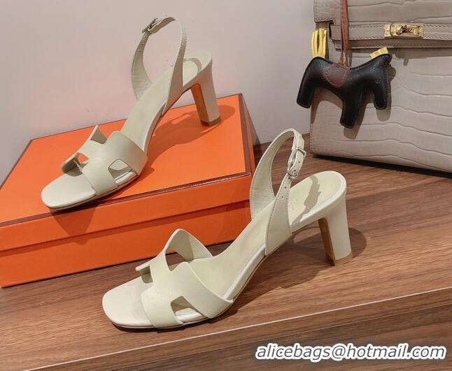 Popular Style Hermes Ella Medium Heel Sandals 7cm in Smooth Leather White/Silver Buckle 071935