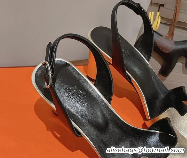 Top Design Hermes Ella Medium Heel Sandals 7cm in Smooth Leather Light Gold/Black 071936