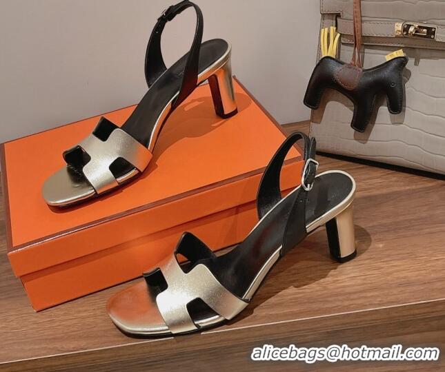 Top Design Hermes Ella Medium Heel Sandals 7cm in Smooth Leather Light Gold/Black 071936